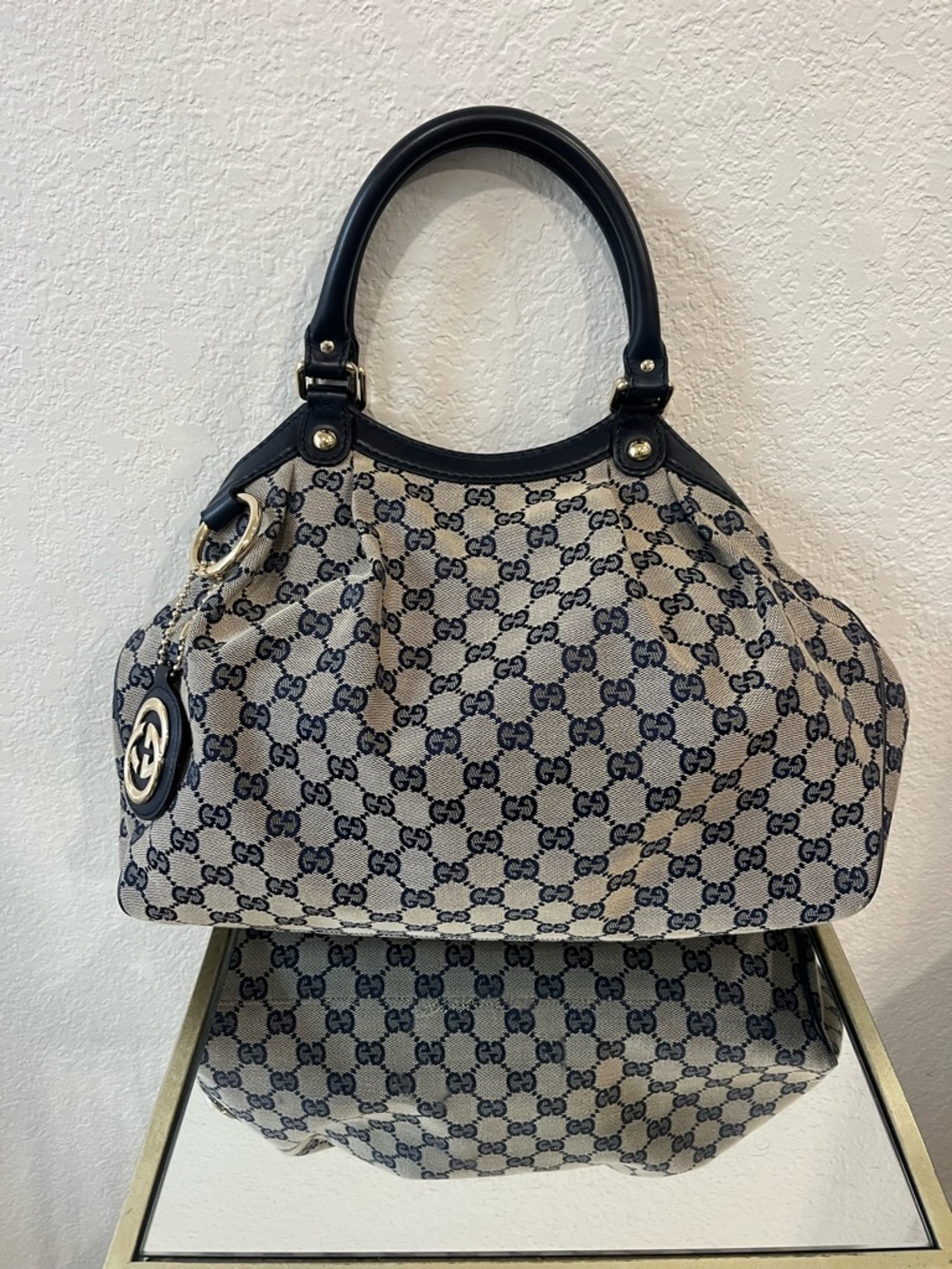 Gucci Beige and Navy GG Canvas Tote with Navy Leather Handles